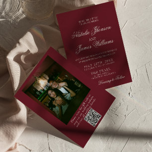 Invitation Mariage photo QR Code argent comptant Burgundy cla
