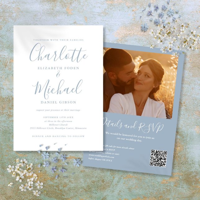 Invitation Mariage photo QR Code élégant écriture Dusty Blue (Dusty Blue Elegant Script QR Code Photo Wedding Invitation)