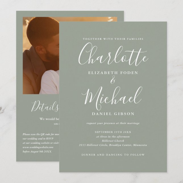 Invitation Mariage photo QR Code élégant écriture Vert sauge (Devant / Derrière)