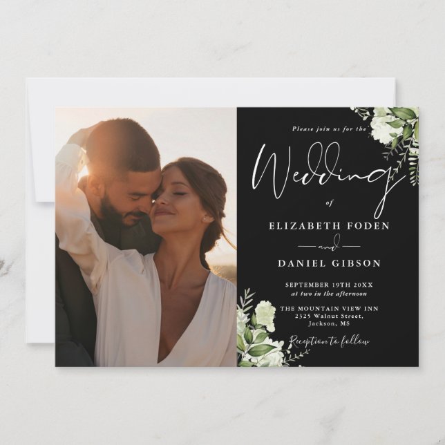 Invitation Mariage photo QR Code en noir et blanc avec verdur (Devant)