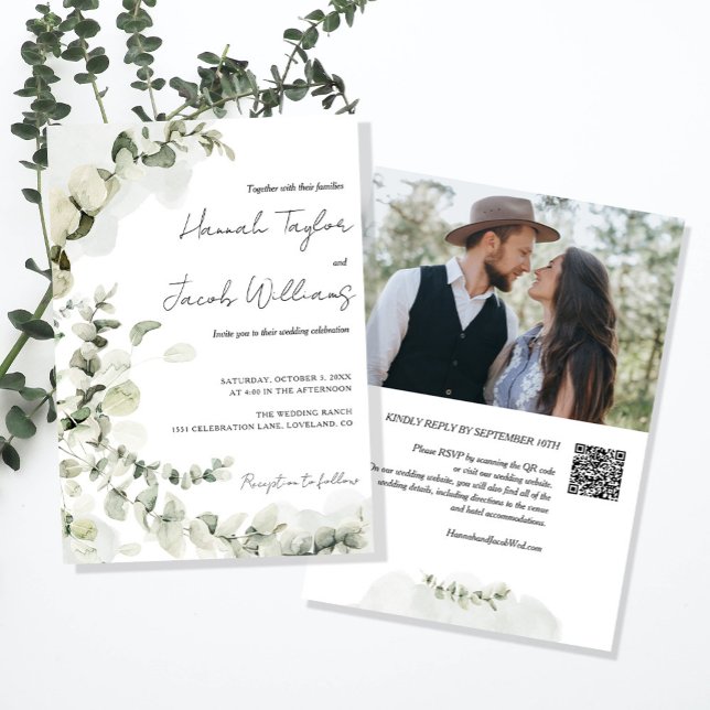 Invitation Mariage photo QR Code Eucalyptus (eucalyptus photo qr code wedding invitation)