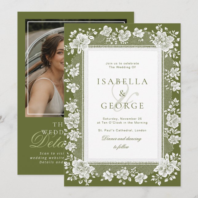 Invitation Mariage Photo QR Code Vert Olive Dentelle Argent A (Devant / Derrière)