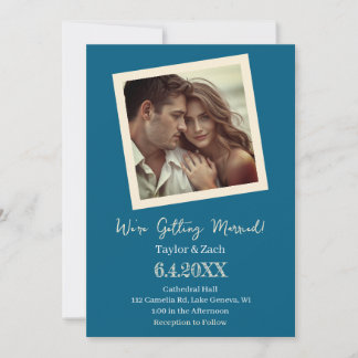 Invitation Mariage Photo Rétro Bleu et Crème Vintage
