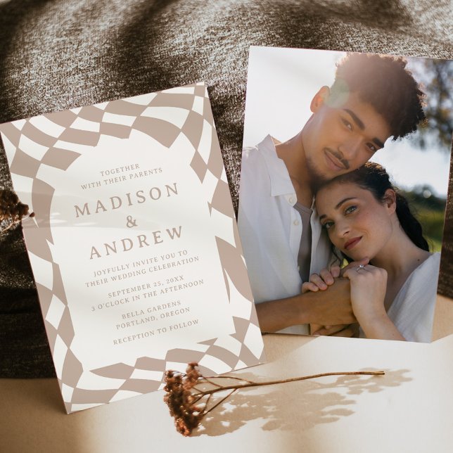 Invitation Mariage Photo Rétro Damier Beige (Créateur téléchargé)