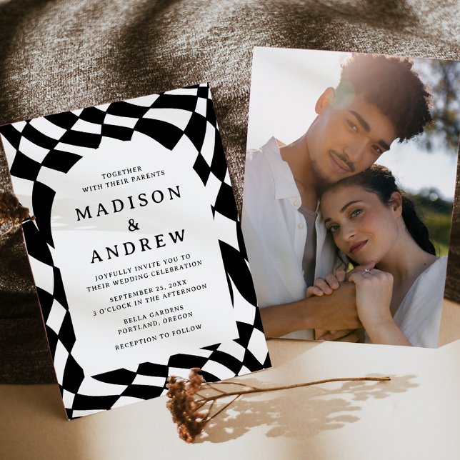 Invitation Mariage Photo Rétro Échiquier Noir et Blanc (Créateur téléchargé)
