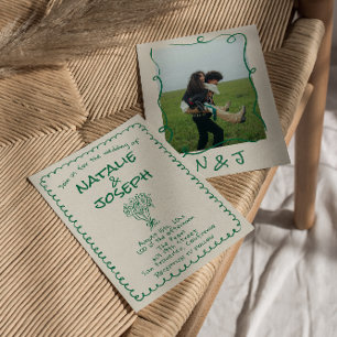 Invitation Mariage photo Retro Green Main tiré Quirky Floral