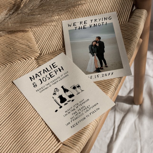 Invitation Mariage photo Retro Hand Draagne Quirky (Créateur téléchargé)