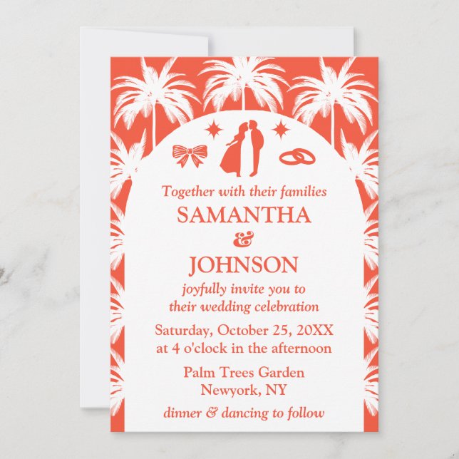 Invitation Mariage photo Retro Red Tropical Palm Tree (Devant)