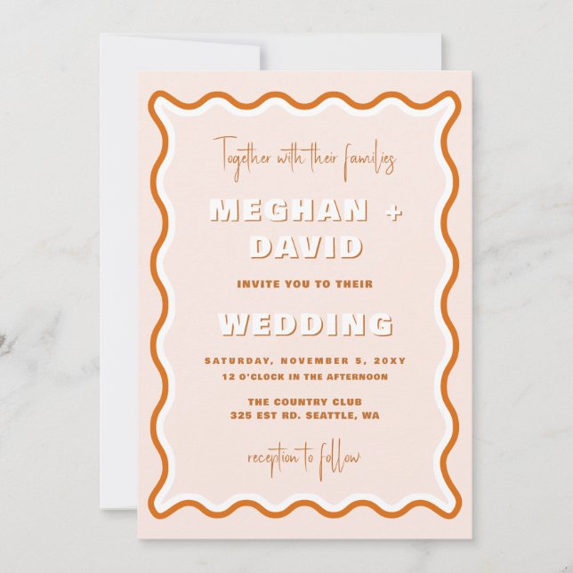 Invitation Mariage photo Retro Squiggle Wavy Terracotta (Devant)