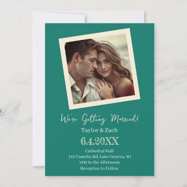 Invitation Mariage Photo Rétro Vert Mousse de Mer & Crème (Devant)