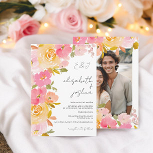 Invitation Mariage photo romantique boho rose jaune