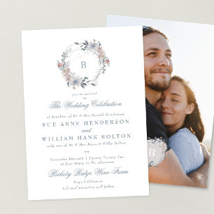 Invitation Mariage photo romantique Floral Monogram Wreath