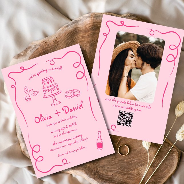 Invitation Mariage photo rose blanc QR Code main (Créateur téléchargé)