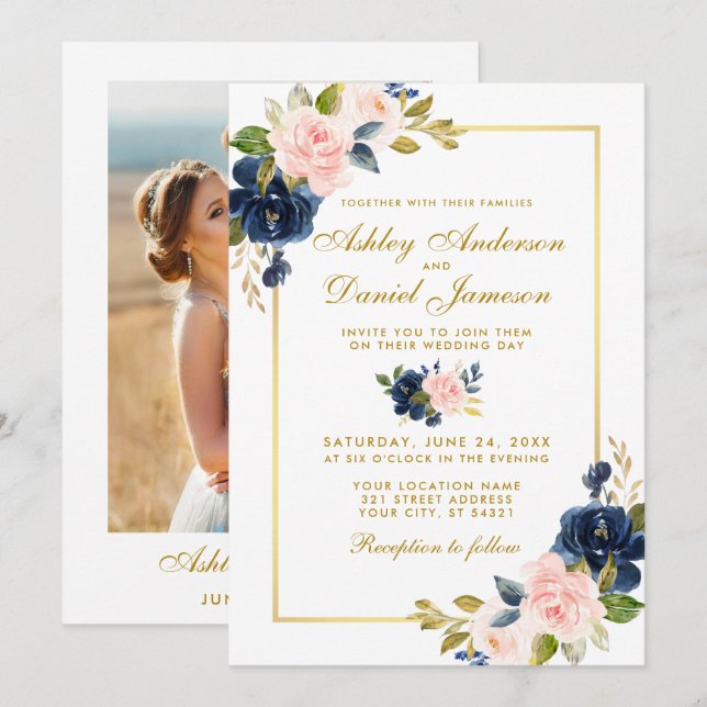 Invitation Mariage photo rose bleu floral or (Devant / Derrière)