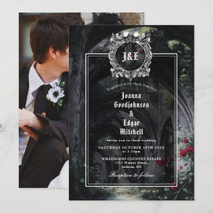 Invitation Mariage photo Roses Fleurs Monogramme Ruines gothi