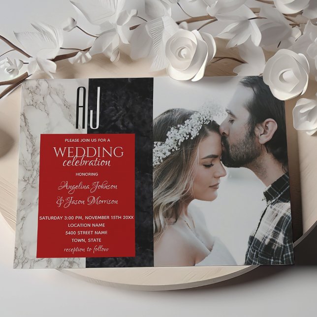 Invitation Mariage Photo Rouge Noir et Blanc (Créateur téléchargé)