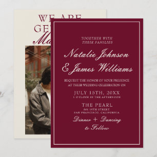Invitation Mariage Photo Rouge Profond Élégant Argent Familia
