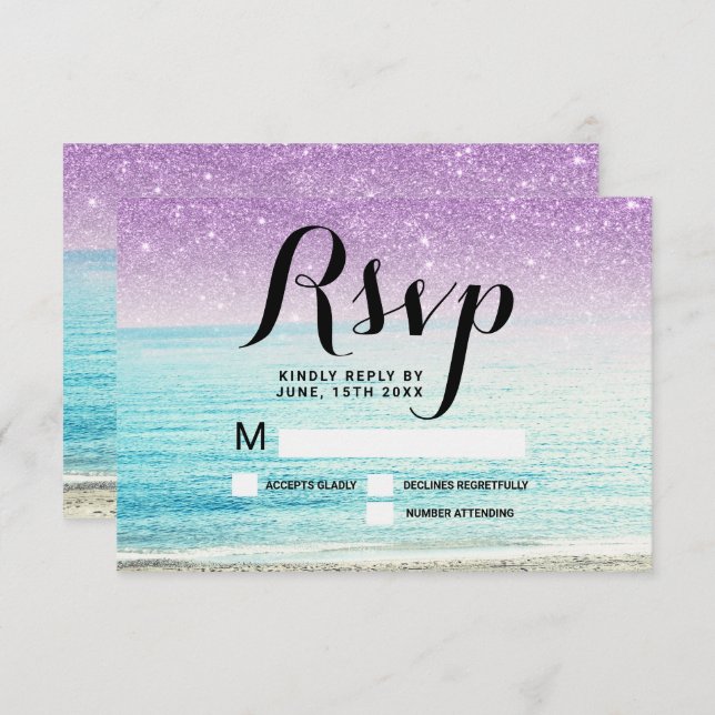 Invitation mariage photo RSVP plage pailleté violet (Devant / Derrière)