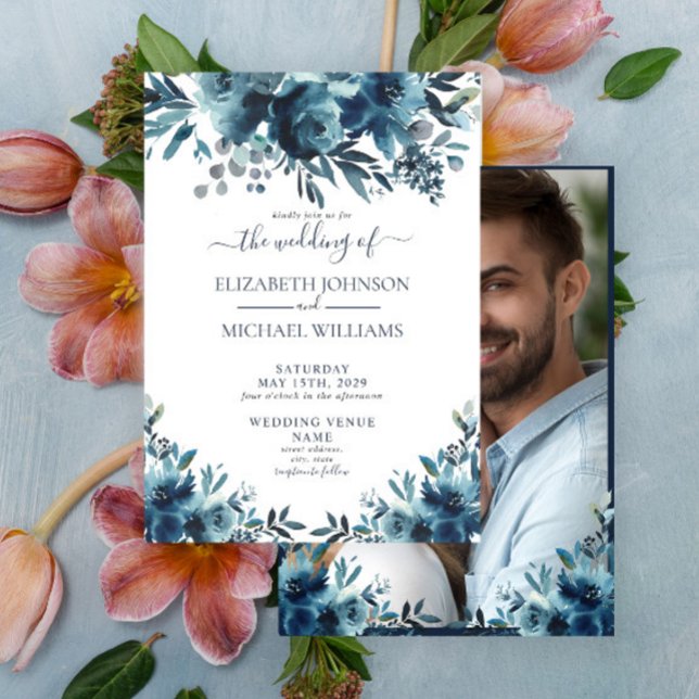 Invitation Mariage photo Rustic Blue Floral Script (Créateur téléchargé)