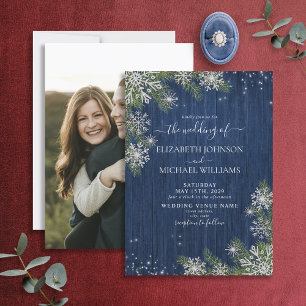 Invitation Mariage photo Rustic Blue Silver Winter Wood