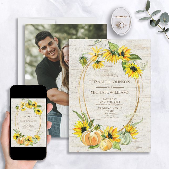 Invitation Mariage photo Rustic Sunflower Citrouille Birch (Créateur téléchargé)
