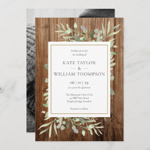 Invitation Mariage photo Rustic Wood Greenery