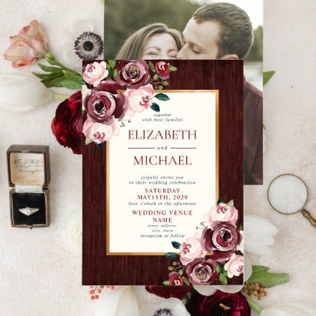 Invitation Mariage photo Rustique Burgundy Blush Wood Gold (Créateur téléchargé)