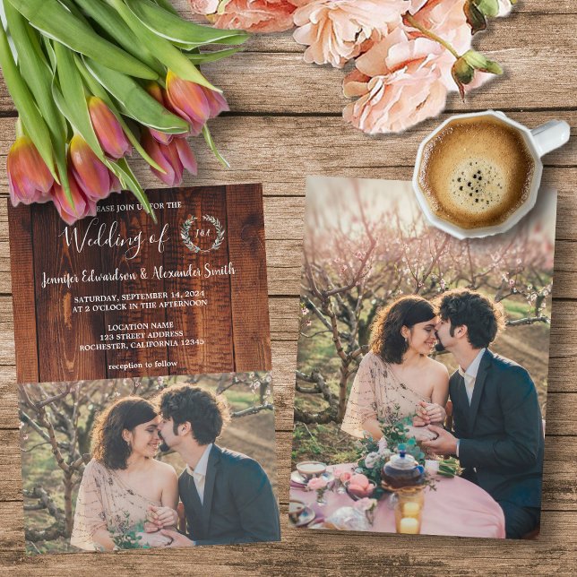 Invitation Mariage photo rustique en bois de grange de campag (Rustic barn wood monogrammed photo country wedding invitation. )
