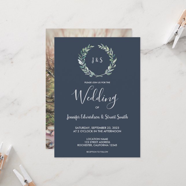 Invitation Mariage photo rustique feuille monogrammé (Devant/Arrière en situation)