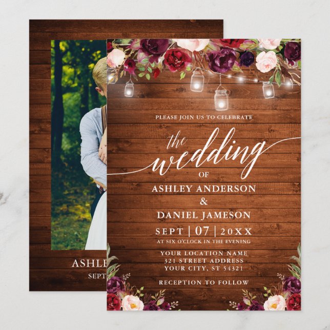 Invitation Mariage photo Rustique Floral Jar Lumières Calligr (Devant / Derrière)