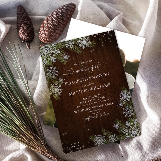 Invitation Mariage photo Rustique hiver Silver Snowflake Wood (Créateur téléchargé)