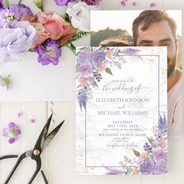 Invitation Mariage photo Rustique Lavender Lilac Gold Floral (Créateur téléchargé)