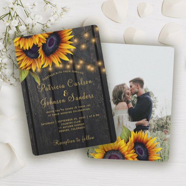 Invitation Mariage photo rustique tournesol grange bois (Créateur téléchargé)