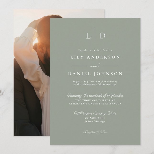 Invitation Mariage photo Sage Green Chic Minimalist (Devant / Derrière)