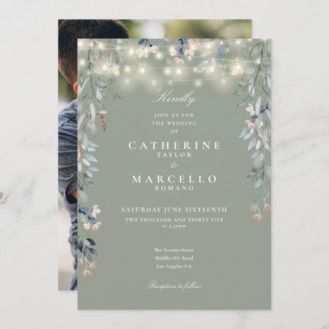Invitation Mariage photo Sage Green Floral (Devant / Derrière)