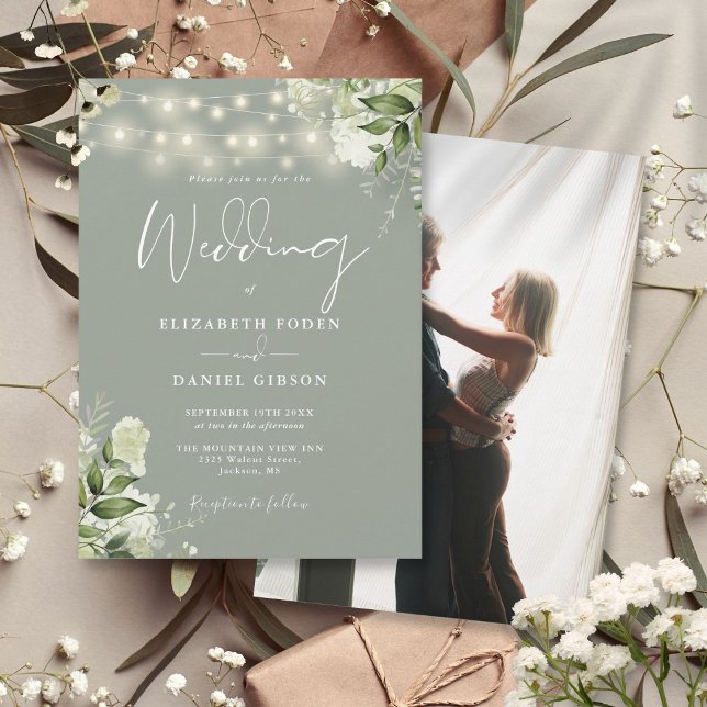 Invitation Mariage photo Sage Green Floral (Sage Green Floral String Lights Photo Wedding Invitation)