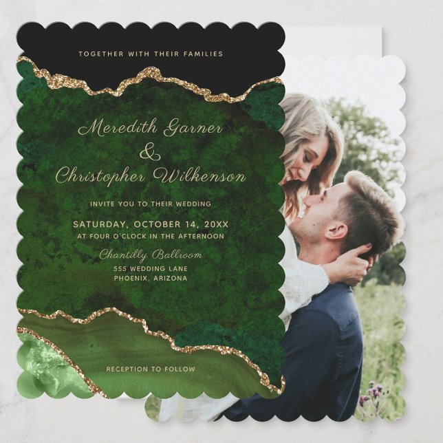 Invitation Mariage photo Scallop Edge Gold Green Geode Agate (Créateur téléchargé)