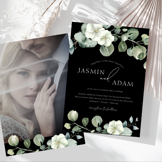 Invitation Mariage photo simple Black Green Eucalyptus (Simple Black Greenery Eucalyptus Photo Wedding Invitation)