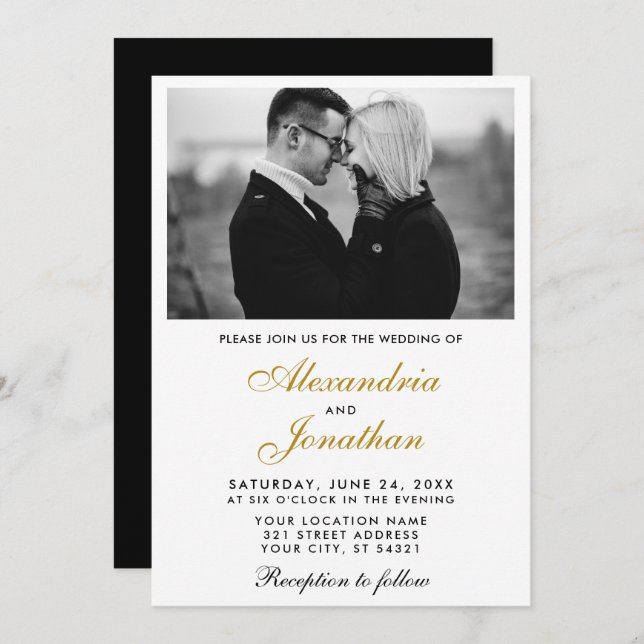 Invitation Mariage photo simple et élégant moderne Gold BW (Devant / Derrière)