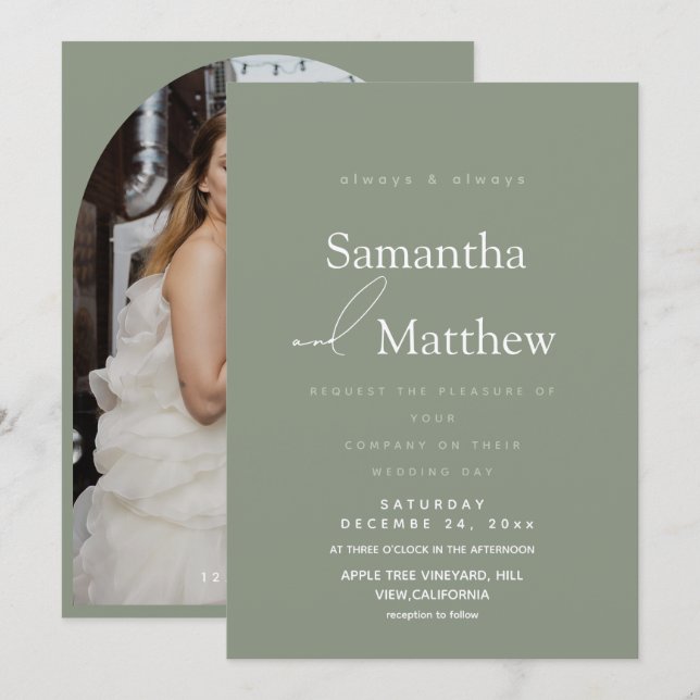 Invitation Mariage photo simple vert sauge moderne  (Devant / Derrière)
