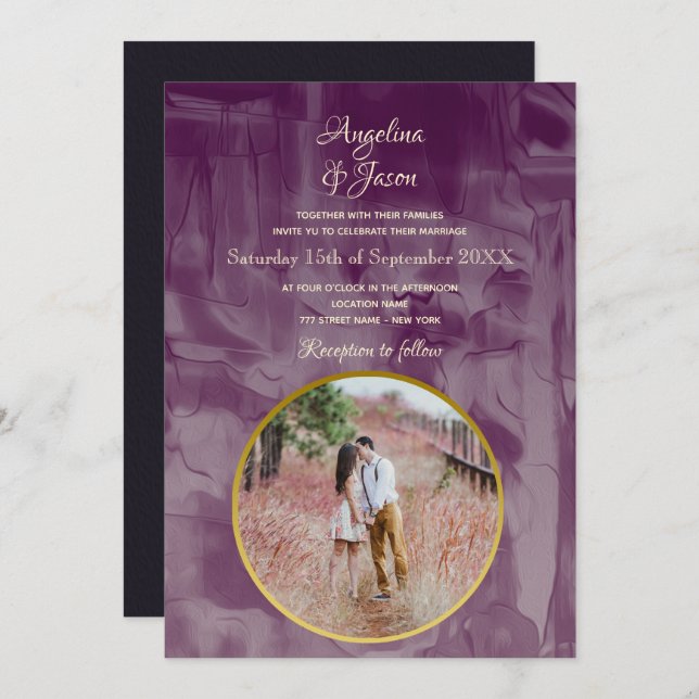 Invitation Mariage photo simple violet (Devant / Derrière)
