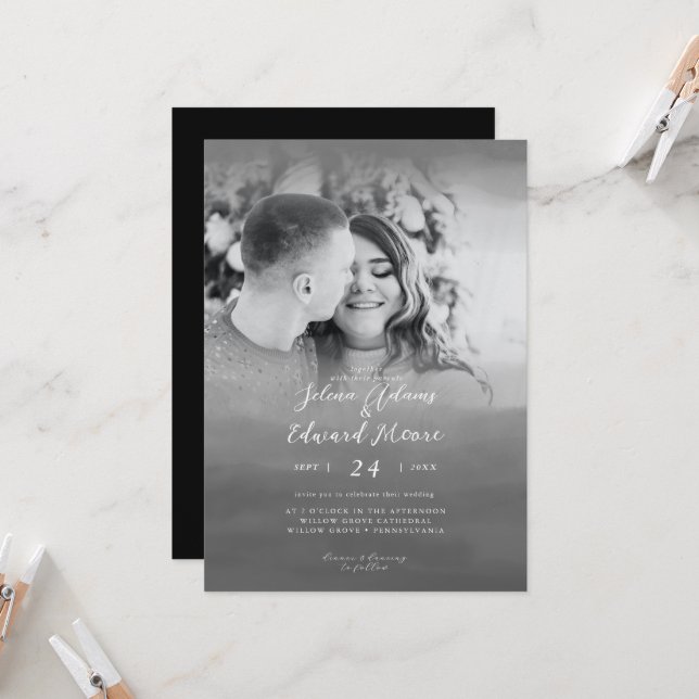 Invitation Mariage photo stylé noir aquarelle (Devant/Arrière en situation)