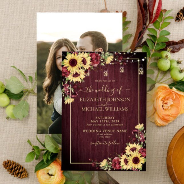 Invitation Mariage photo Sunflower Burgundy Wood Floral (Créateur téléchargé)