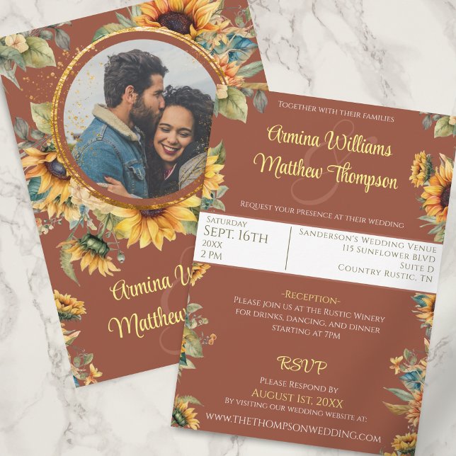 Invitation Mariage photo Sunflower Terracotta avec RSVP (Créateur téléchargé)