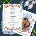 Invitation Mariage photo Sweet Cherry Watercolor<br><div class="desc">Cerises douces et cadre bleu aquarelle dans un design simple. Ajoutez votre photo à l'envers avec les noms à customiser. Une invitation idéale pour les mariages de printemps ou d'été. Absolument adorable. 100% satisfaction client chaque jour à Zazzle. Modèle</div>