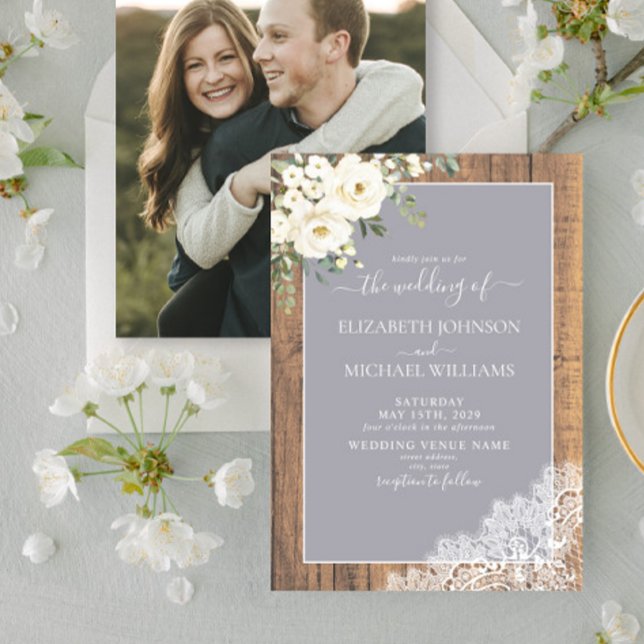 Invitation Mariage photo tendance gris clair rustique en bois (Créateur téléchargé)