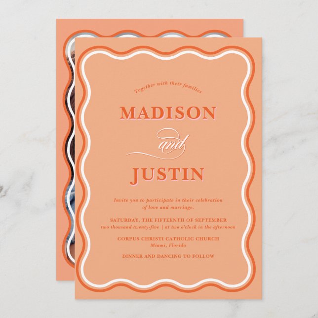Invitation Mariage photo tendance Peach Orange Squiggle Curve (Devant / Derrière)