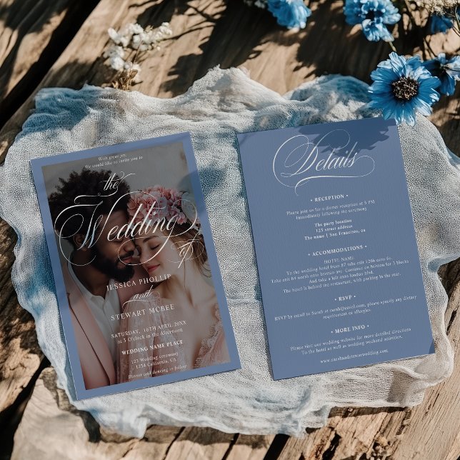 Invitation Mariage photo tout en un (Chic French Blue Script All in One Photo Wedding Invitation)