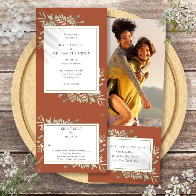 Invitation Mariage Photo Tout En Un Végétal En Terre Cuite (Terracotta Greenery All In One Photo Wedding Invitation)