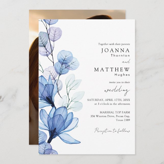 Invitation Mariage photo transparent bleu Dusty (Devant / Derrière)